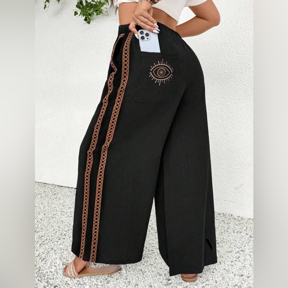 Black Wide-Leg Pants with Evil Eye Bsck Pocket & Brown Accentsg - Picture 1 of 4